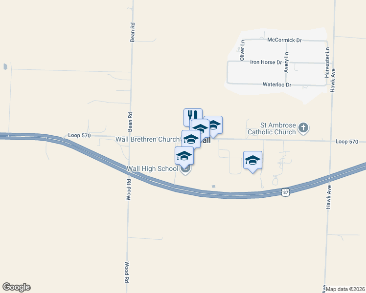 map of restaurants, bars, coffee shops, grocery stores, and more near 7966 Loop 570 in Wall