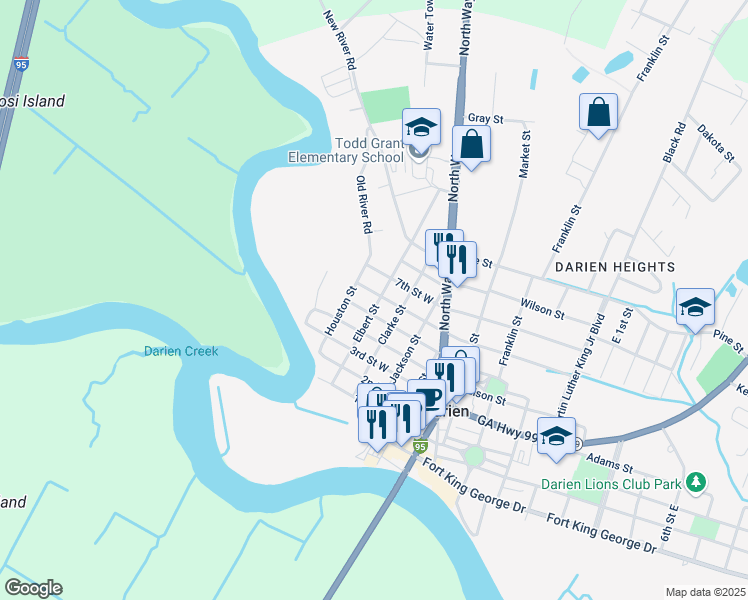 map of restaurants, bars, coffee shops, grocery stores, and more near 607 Clarke Street in Darien