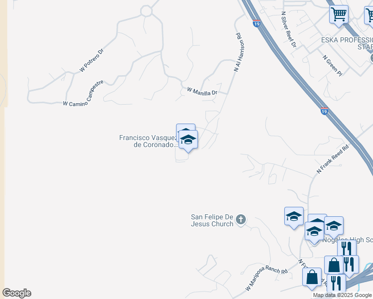 map of restaurants, bars, coffee shops, grocery stores, and more near 2301 North Al Harrison Road in Nogales