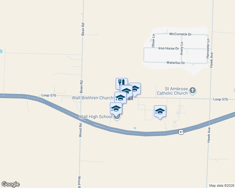 map of restaurants, bars, coffee shops, grocery stores, and more near 7966 Loop 570 in Wall