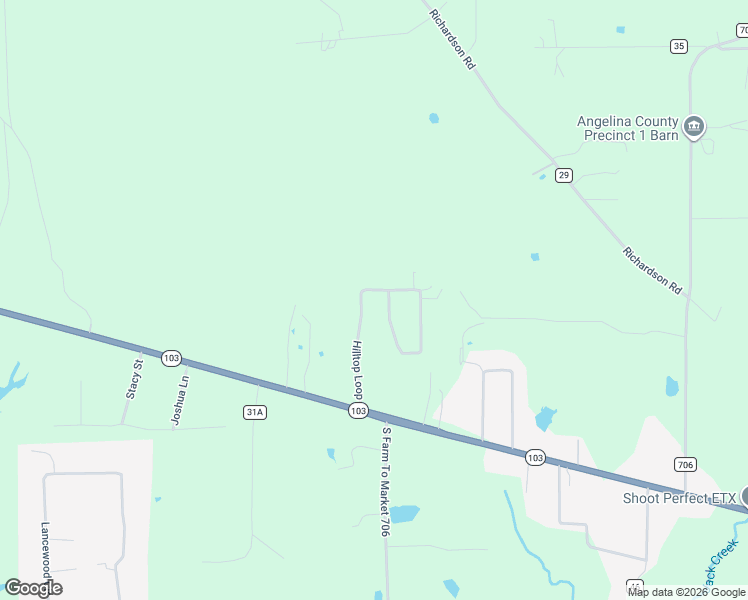 map of restaurants, bars, coffee shops, grocery stores, and more near 102 Hilltop Loop in Lufkin