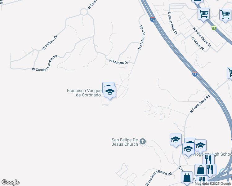 map of restaurants, bars, coffee shops, grocery stores, and more near 2301 North Al Harrison Road in Nogales