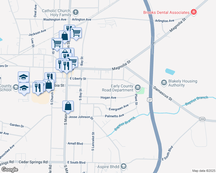 map of restaurants, bars, coffee shops, grocery stores, and more near 420 East Liberty Street in Blakely
