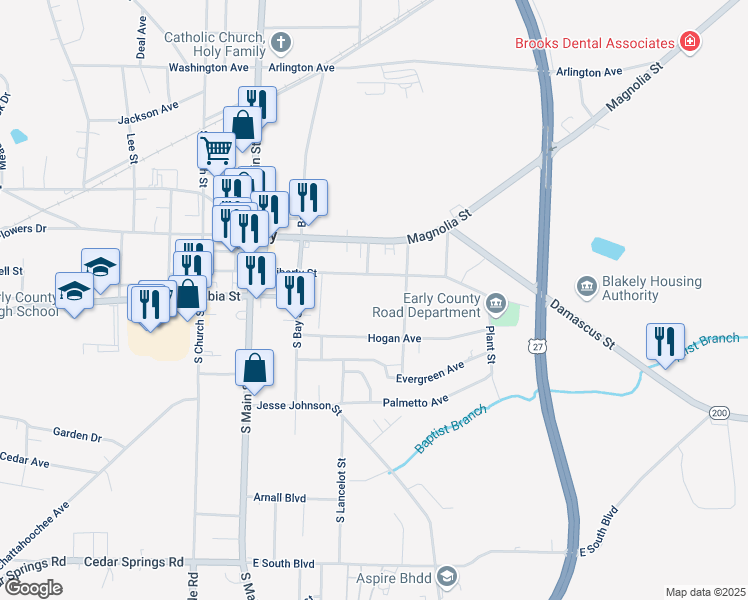 map of restaurants, bars, coffee shops, grocery stores, and more near 420 East Liberty Street in Blakely