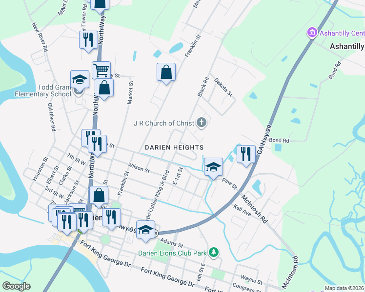 map of restaurants, bars, coffee shops, grocery stores, and more near 536 Mc Intosh Drive in Darien
