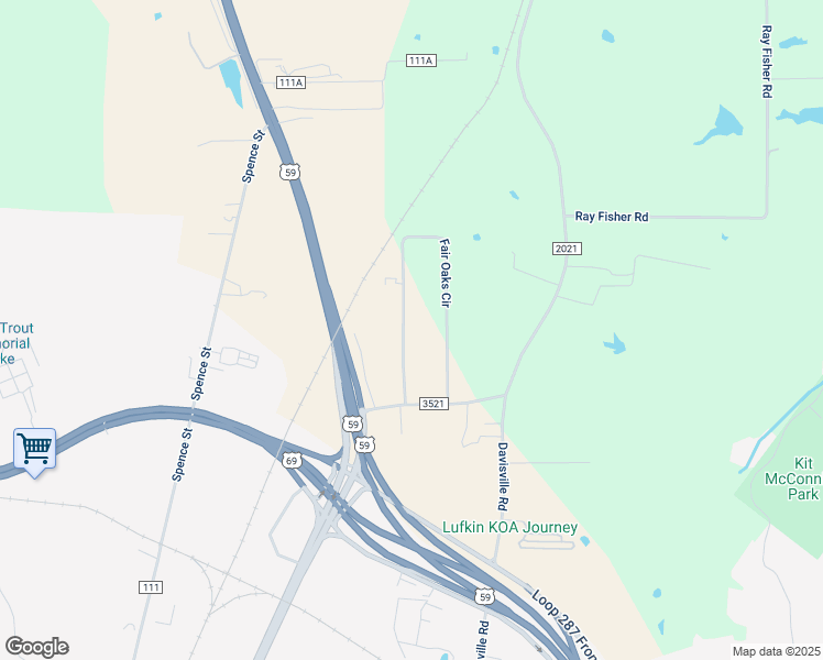 map of restaurants, bars, coffee shops, grocery stores, and more near 224 Fair Oaks Circle in Lufkin