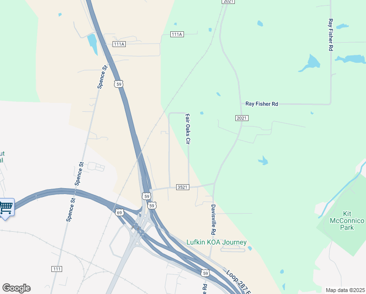 map of restaurants, bars, coffee shops, grocery stores, and more near 224 Fair Oaks Circle in Lufkin