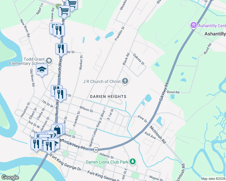 map of restaurants, bars, coffee shops, grocery stores, and more near 536 Mc Intosh Drive in Darien