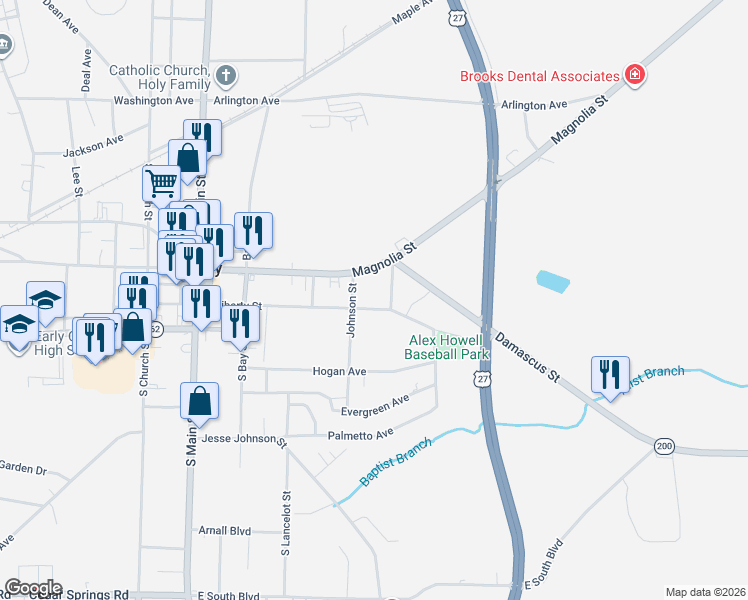 map of restaurants, bars, coffee shops, grocery stores, and more near 13000 Magnolia Street in Blakely