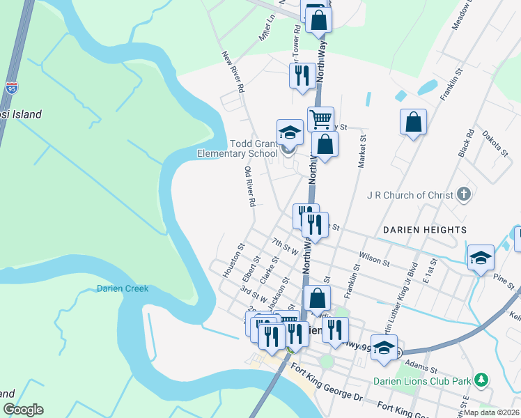 map of restaurants, bars, coffee shops, grocery stores, and more near 1011 Ca Devillars Road in Darien