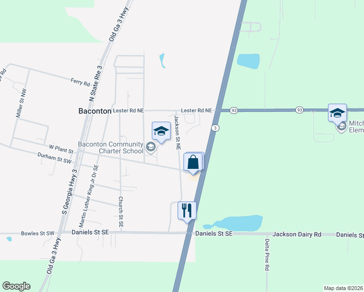 map of restaurants, bars, coffee shops, grocery stores, and more near 154 Jackson Street Northeast in Baconton