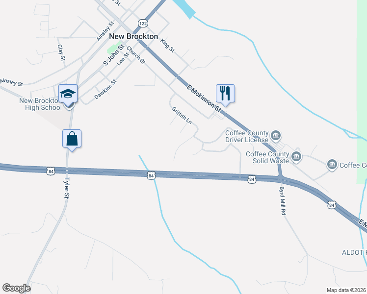 map of restaurants, bars, coffee shops, grocery stores, and more near 299 Mayberry Way in New Brockton