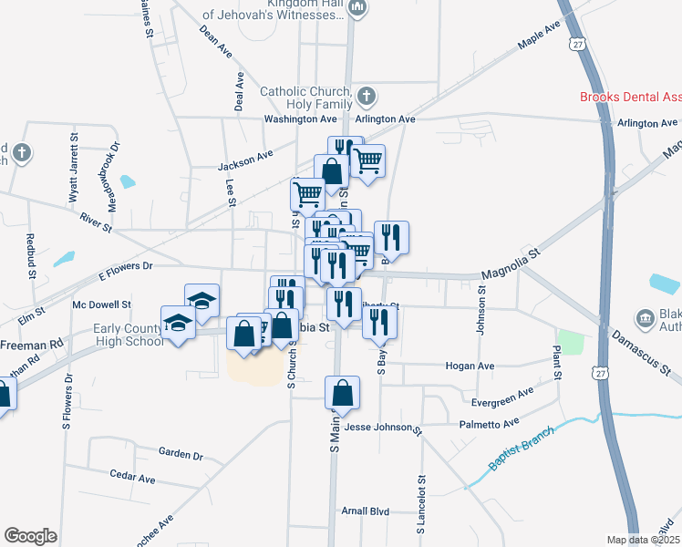 map of restaurants, bars, coffee shops, grocery stores, and more near 111 Court Square in Blakely
