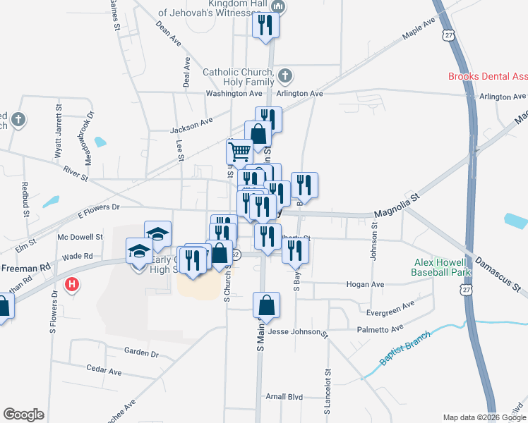 map of restaurants, bars, coffee shops, grocery stores, and more near in Blakely