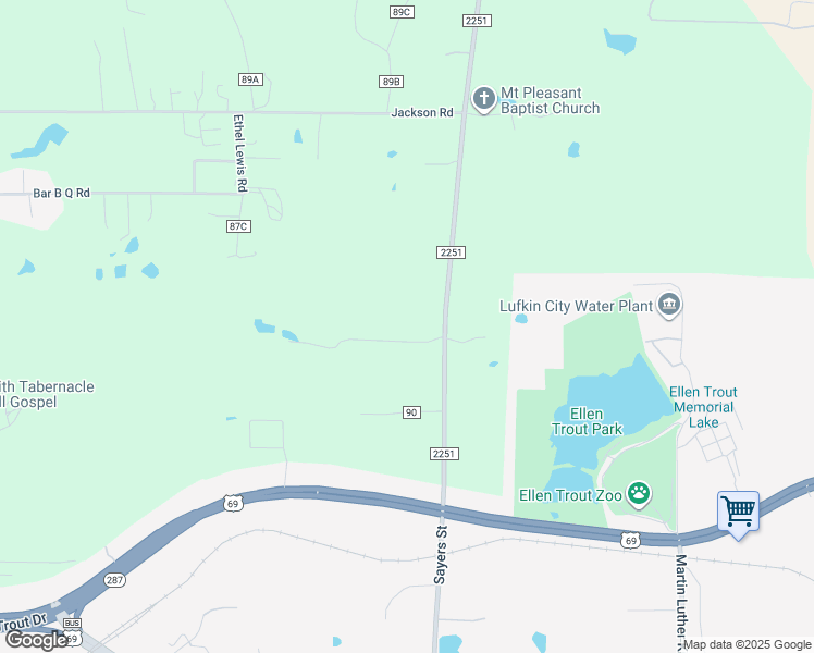 map of restaurants, bars, coffee shops, grocery stores, and more near 2545 Farm to Market 2251 in Lufkin