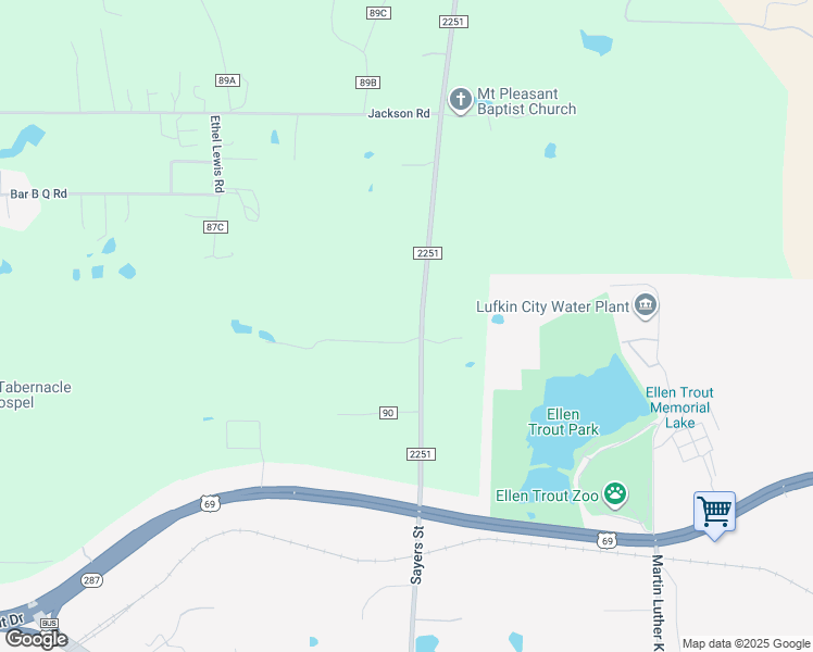 map of restaurants, bars, coffee shops, grocery stores, and more near 2545 Farm to Market 2251 in Lufkin