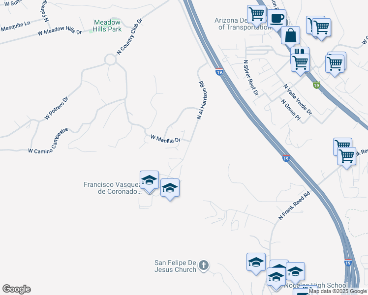 map of restaurants, bars, coffee shops, grocery stores, and more near 1101 West Manilla Drive in Nogales
