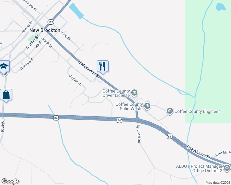 map of restaurants, bars, coffee shops, grocery stores, and more near 299 Mayberry Way in New Brockton