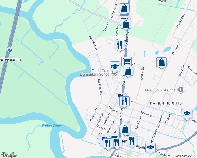 map of restaurants, bars, coffee shops, grocery stores, and more near 1107 Old River Road in Darien