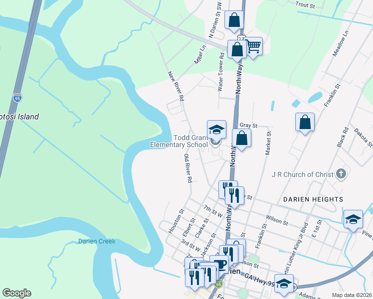 map of restaurants, bars, coffee shops, grocery stores, and more near 1107 Old River Road in Darien