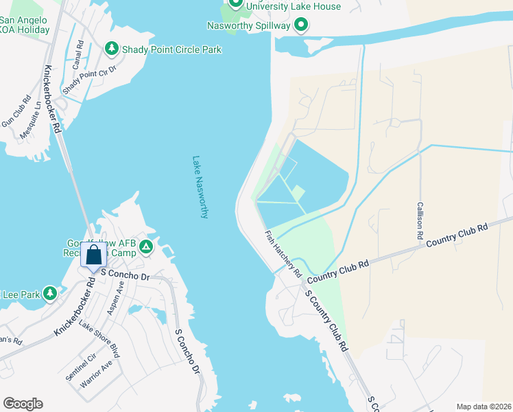 map of restaurants, bars, coffee shops, grocery stores, and more near Fish Hatchery Road in San Angelo
