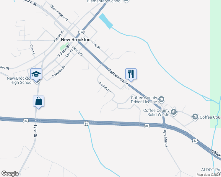 map of restaurants, bars, coffee shops, grocery stores, and more near 259 Griffith Lane in New Brockton