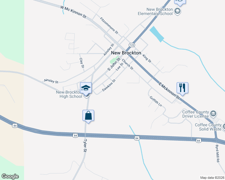map of restaurants, bars, coffee shops, grocery stores, and more near 407 Dawkins Street in New Brockton