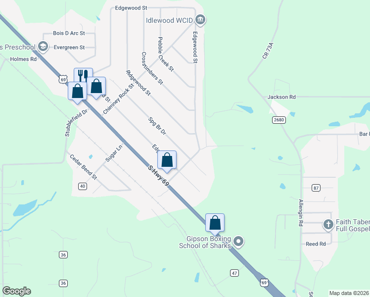 map of restaurants, bars, coffee shops, grocery stores, and more near 233 Spring Branch Street in Lufkin