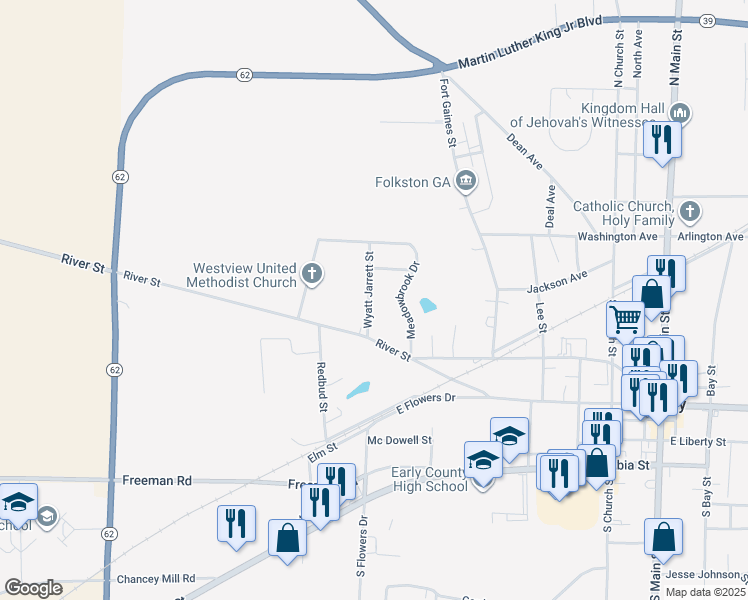 map of restaurants, bars, coffee shops, grocery stores, and more near 104 Wyatt Jarrett Street in Blakely