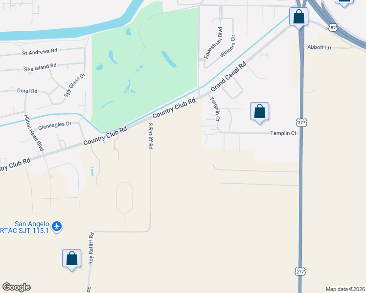 map of restaurants, bars, coffee shops, grocery stores, and more near 6881 South Ratliff Road in San Angelo