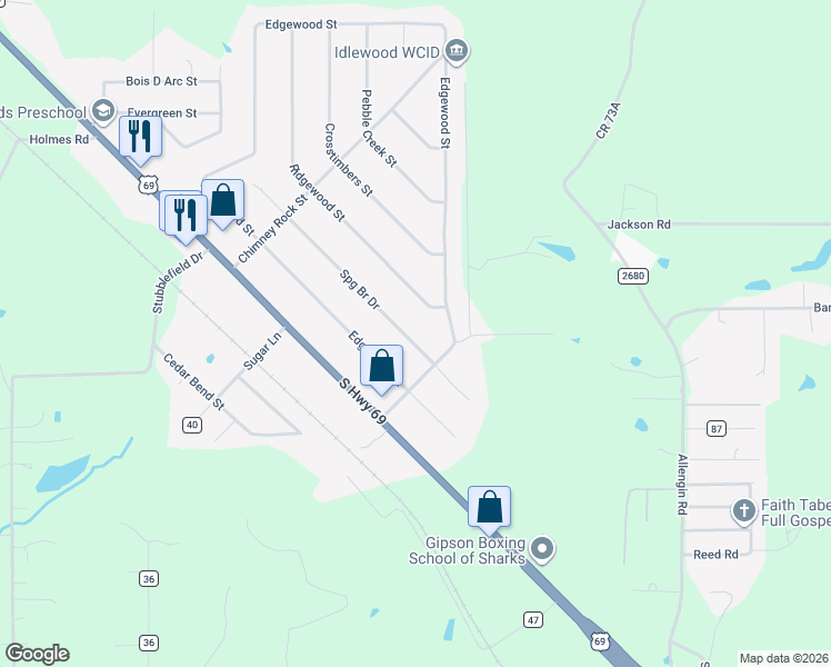 map of restaurants, bars, coffee shops, grocery stores, and more near 233 Spring Branch Street in Lufkin