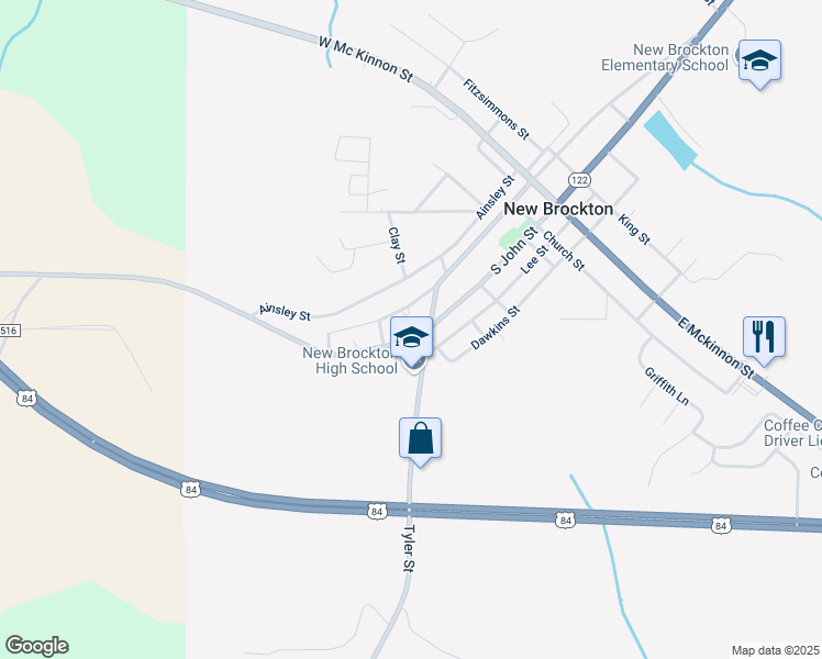 map of restaurants, bars, coffee shops, grocery stores, and more near 506 South John Street in New Brockton