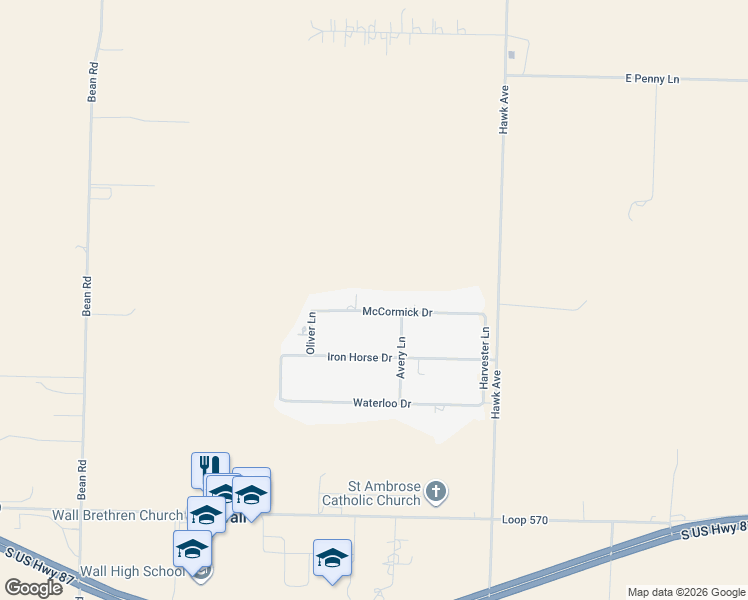 map of restaurants, bars, coffee shops, grocery stores, and more near 8134-8140 McCormick Drive in San Angelo