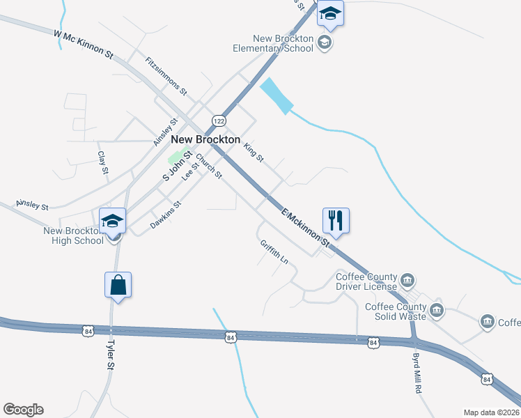 map of restaurants, bars, coffee shops, grocery stores, and more near 503 Church Street in New Brockton