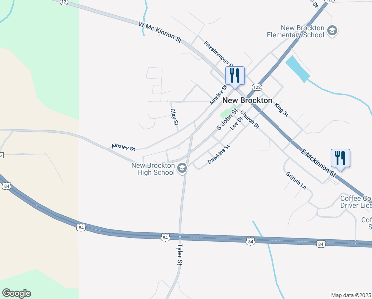 map of restaurants, bars, coffee shops, grocery stores, and more near 506 South John Street in New Brockton
