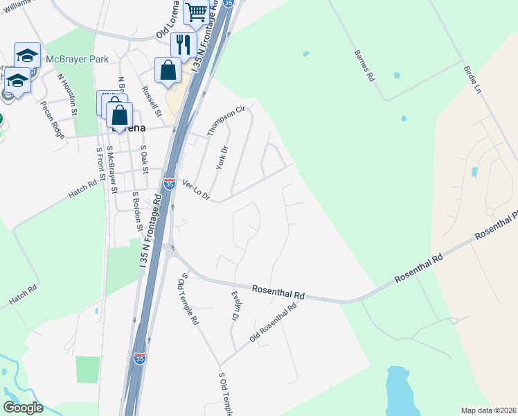 map of restaurants, bars, coffee shops, grocery stores, and more near 619A Verlo Dr in Lorena