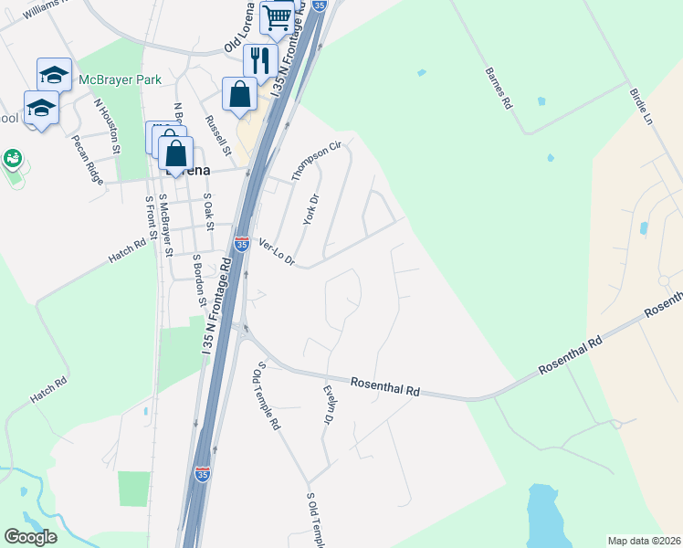 map of restaurants, bars, coffee shops, grocery stores, and more near 601 Ver-Lo Drive in Lorena