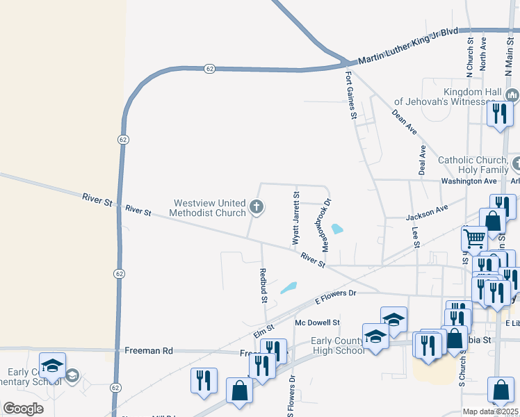 map of restaurants, bars, coffee shops, grocery stores, and more near 141 Westview Drive in Blakely