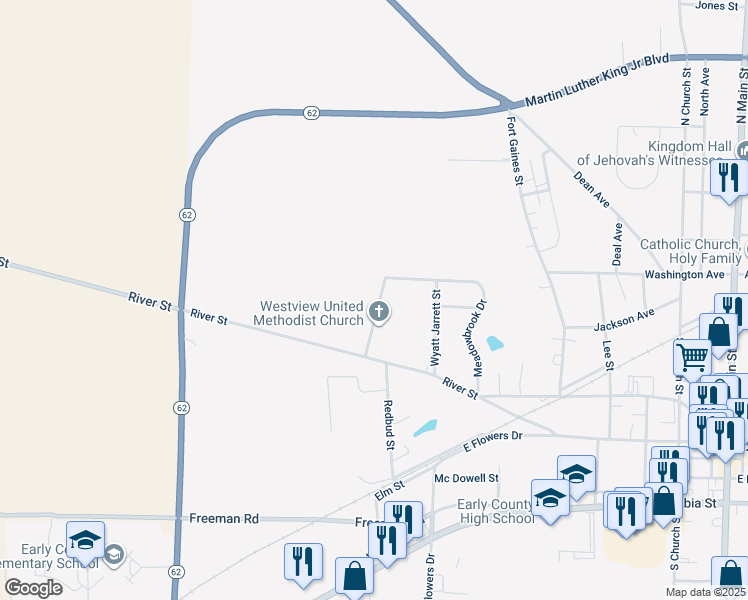 map of restaurants, bars, coffee shops, grocery stores, and more near 141 Westview Drive in Blakely