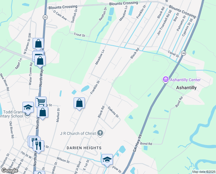 map of restaurants, bars, coffee shops, grocery stores, and more near 229 Black Rd SE in Darien