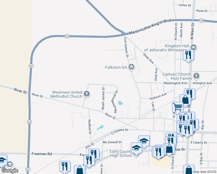 map of restaurants, bars, coffee shops, grocery stores, and more near 104 Wyatt Jarrett Street in Blakely