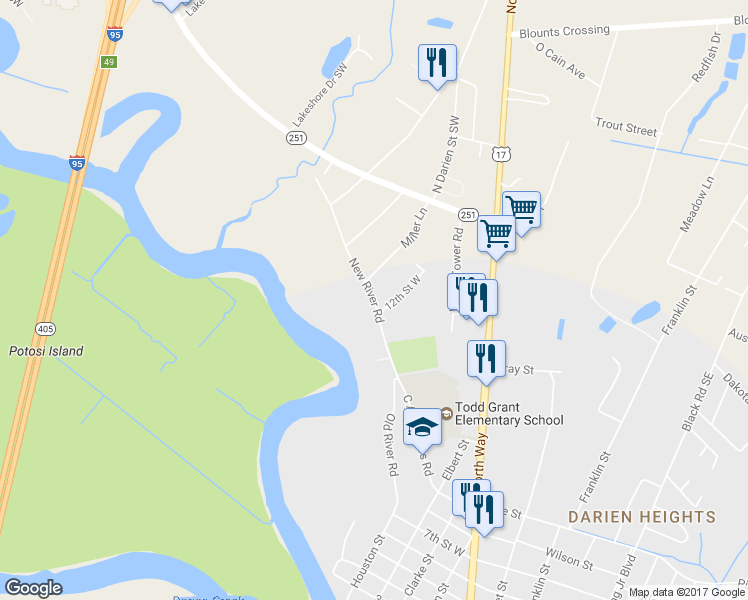 map of restaurants, bars, coffee shops, grocery stores, and more near New River Road in Darien