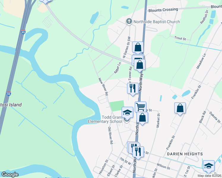 map of restaurants, bars, coffee shops, grocery stores, and more near 113 12th Street West in Darien