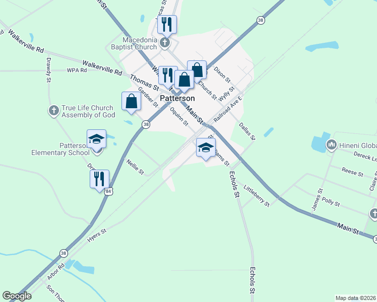 map of restaurants, bars, coffee shops, grocery stores, and more near 3653 Hyers Street in Patterson
