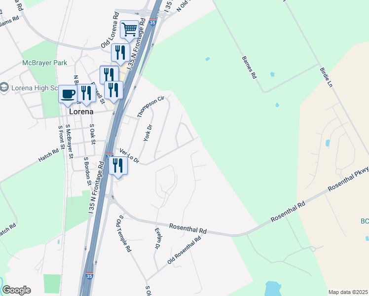 map of restaurants, bars, coffee shops, grocery stores, and more near 712 Ver-Lo Drive in Lorena