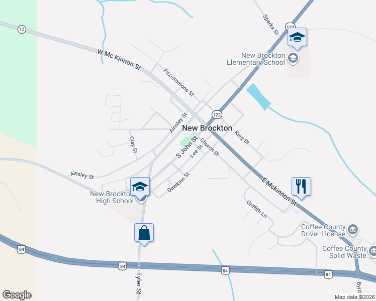 map of restaurants, bars, coffee shops, grocery stores, and more near 303 South John Street in New Brockton
