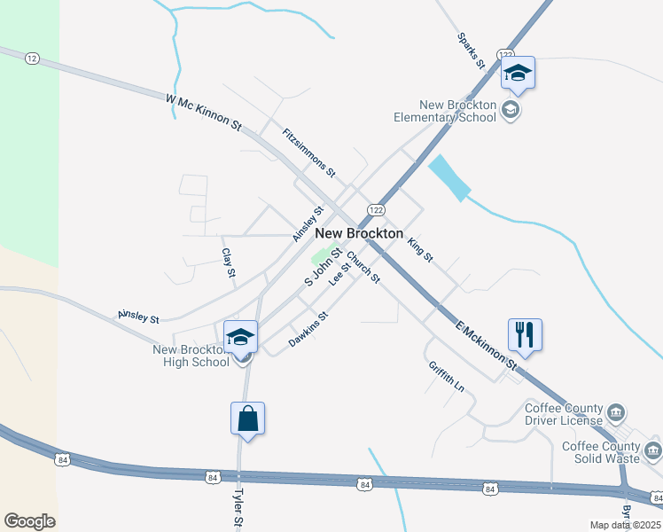 map of restaurants, bars, coffee shops, grocery stores, and more near 303 South John Street in New Brockton