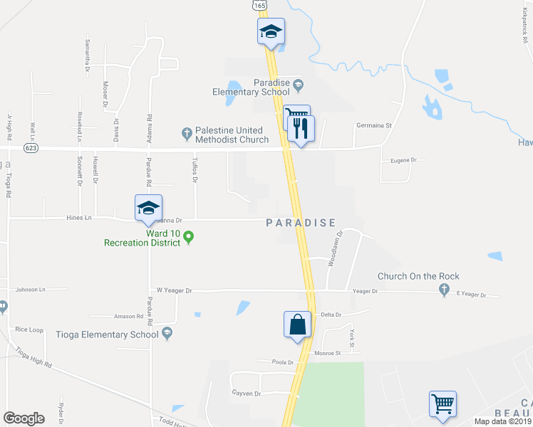 map of restaurants, bars, coffee shops, grocery stores, and more near 114 Janna Drive in Ball