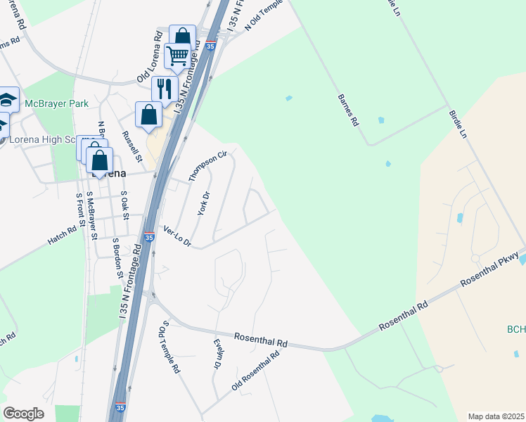 map of restaurants, bars, coffee shops, grocery stores, and more near 712 Ver-Lo Drive in Lorena