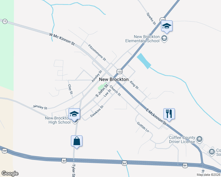 map of restaurants, bars, coffee shops, grocery stores, and more near 303 South John Street in New Brockton